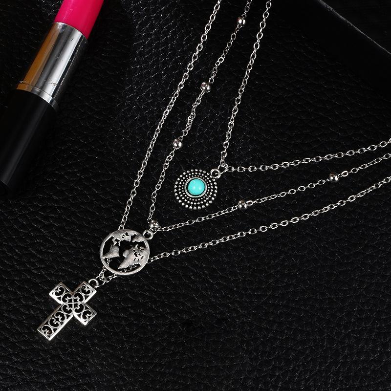 Fashion Turquoise Cross Pendant Necklaces For Women Silver Plated Choker Necklace Link Chain Jewelry Girlfriend Gift