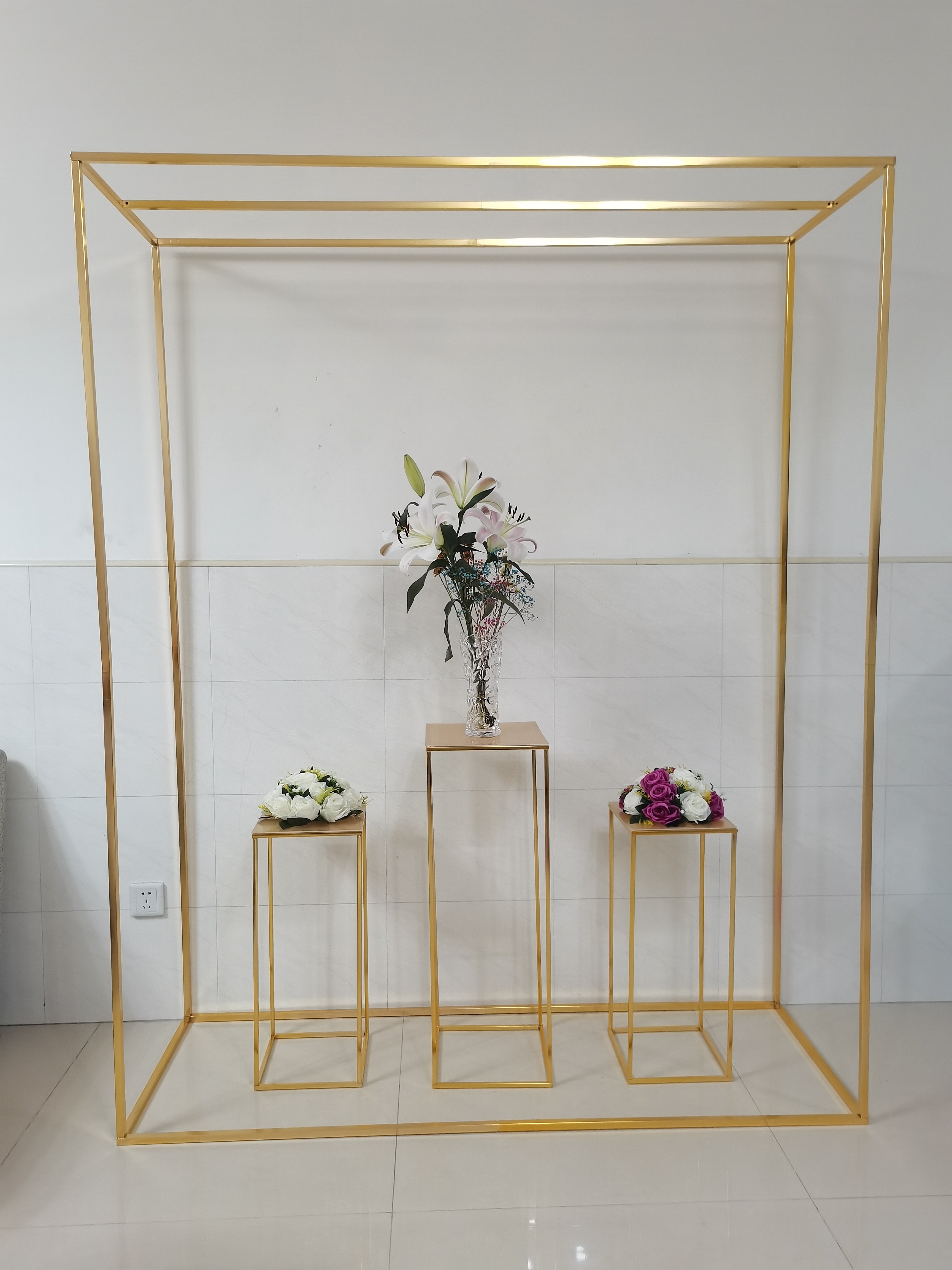 Shiny Gold Rectangle Arch with Plinths Welcome Sign Rack Wedding Decoration Pergola Flower Balloon Backdrops Stand Metal Frame Party Home DIY Backgrou
