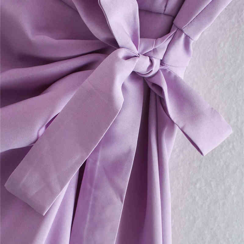 Evfer Sprint Chic Lady V-Neck Blazer Style Purple Mini Dress Women Fashion Knotted Bow High Waist Short Sleeve Dresses 210421