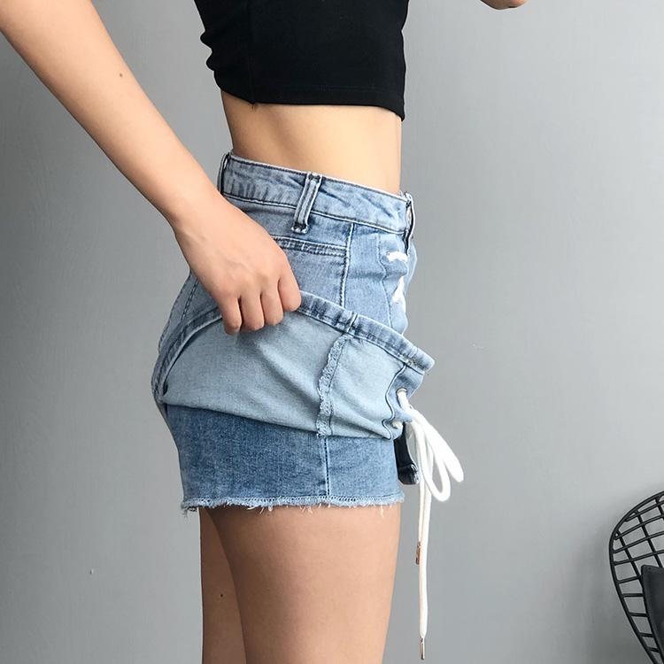 Europe And The United States High Waist Strap Elastic Denim Skirt Slim Package Hip Anti-glare Short Women's Shorts
