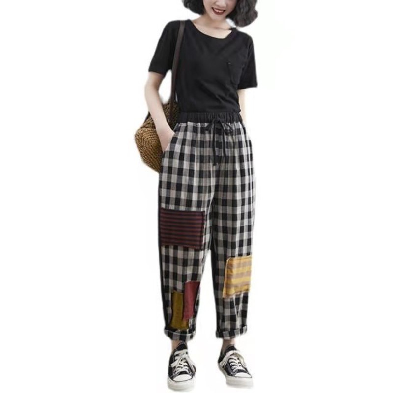 Arrival Summer Women Loose Casual Elastic Waist Ankle-length Pants Plaid Cotton Linen Patchwork Harem W207 210512