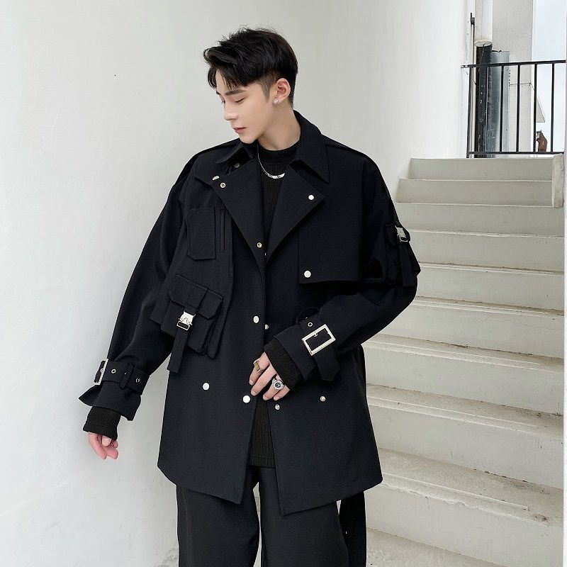 IEFB spring Autumn high quality mid length black windbreaker jackets for men loose handsome lace up cloth with belt 9Y4745 210524
