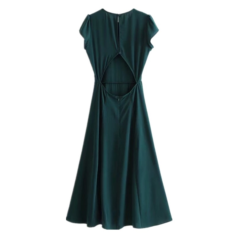 Vintage French Style Plain Green Backless Split Midi Dress Elegant Woman Hollow Out Hole Short Sleeve Slim Tea Dresses Vestido 210429
