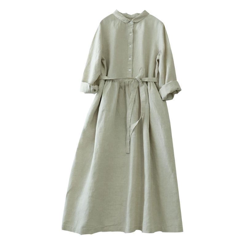 Pure Linen Long-sleeved Dress Aging Doll Collar Spring And Autumn Cotton Women's Shirt Long 277 Casual Dresses