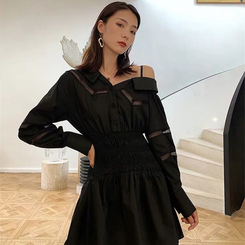 celebrity party mini dress high waist one shoulder black gothic casual long sleeve hollow out for women robe chic 210421
