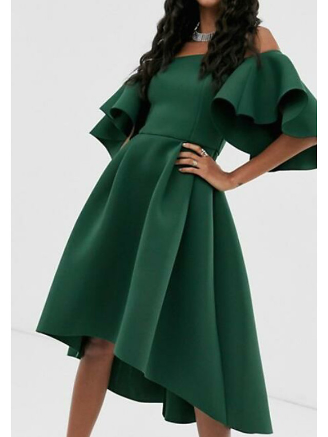 Simple Satin Green Evening Dresses A Line Off Shoulder Short Sleeve Party Gowns Red Carpet Fashion Prom Formal Daily Outfits