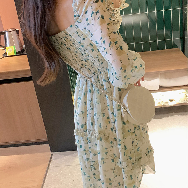 Korean Style Square Collar Elegant Vingate Dress Women Long Sleeve Floral Printed Dress Beach Dress for Females Summer Chic 210521