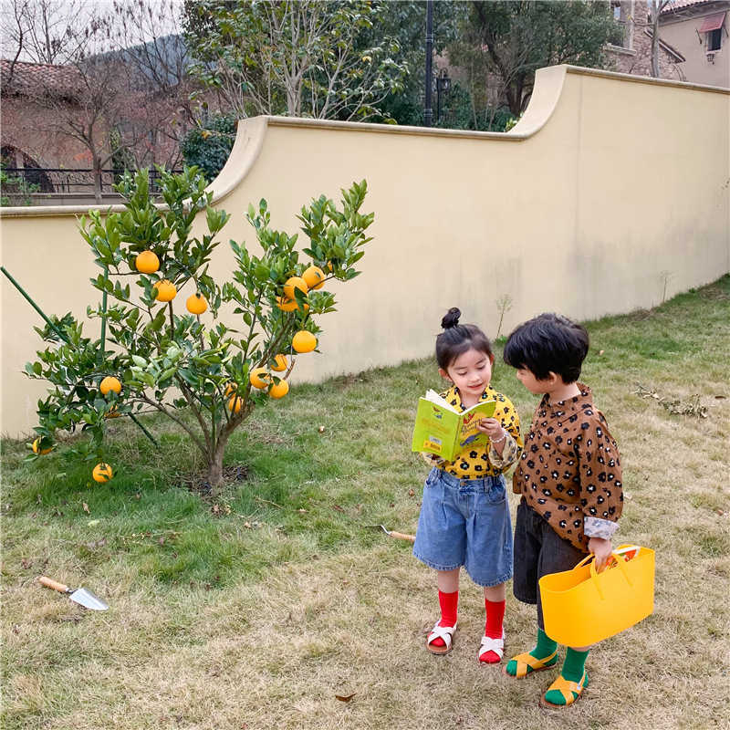 Spring Korean style unisex leopard shirts 2-7 years kids children fashion cotton casual long-sleeved Tops 210713