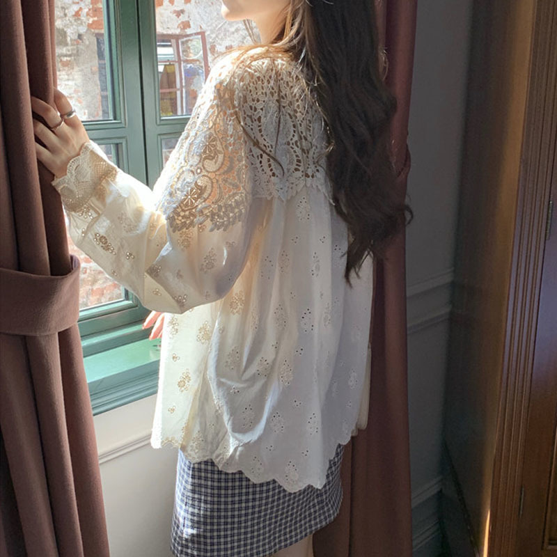 Plus Size Spring Lace Women Blouse O Neck Crochet Hollow Stitching Shirt Korean Style Apricot Gentle Long Sleeve Tops 13354 210427