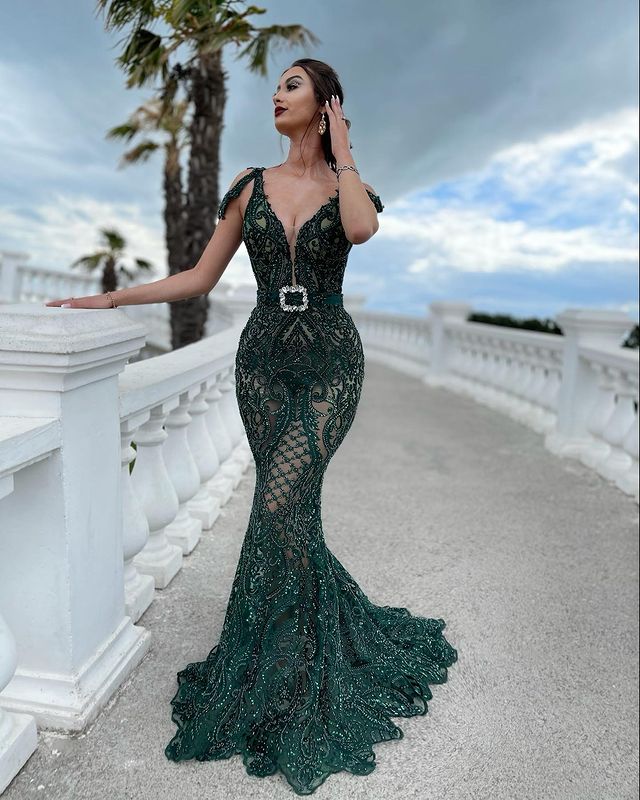 2021 Plus Size Arabic Aso Ebi Dark Green Luxurious Prom Dresses Beaded Lace Mermaid Evening Formal Party Second Reception Gowns Dress ZJ335