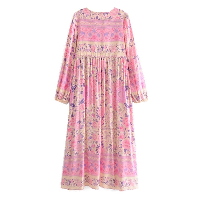 Bohemia Pink Contrast color Location Floral Print Long Sleeve Dress Ethnic Woman Bandage Strappy Collar Holiday Midi Dresses 210429