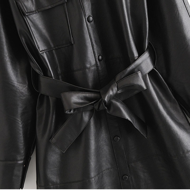 Black PU Single-breasted Long Sleeves Windproof Keep Warm Chic Female Jacket Fashion Motorcycle with Belt Lapel Women's Coat Top 210507