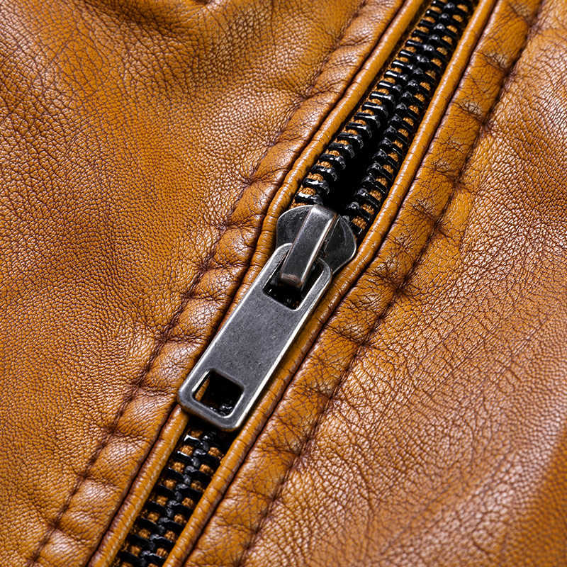 Autumn/Winter Fleece Motorcycle Leather Jacket Full Zip Faux-Leather Men's Coat Brown Vintage Plus Size Slim Mens Wear Jacket 211018