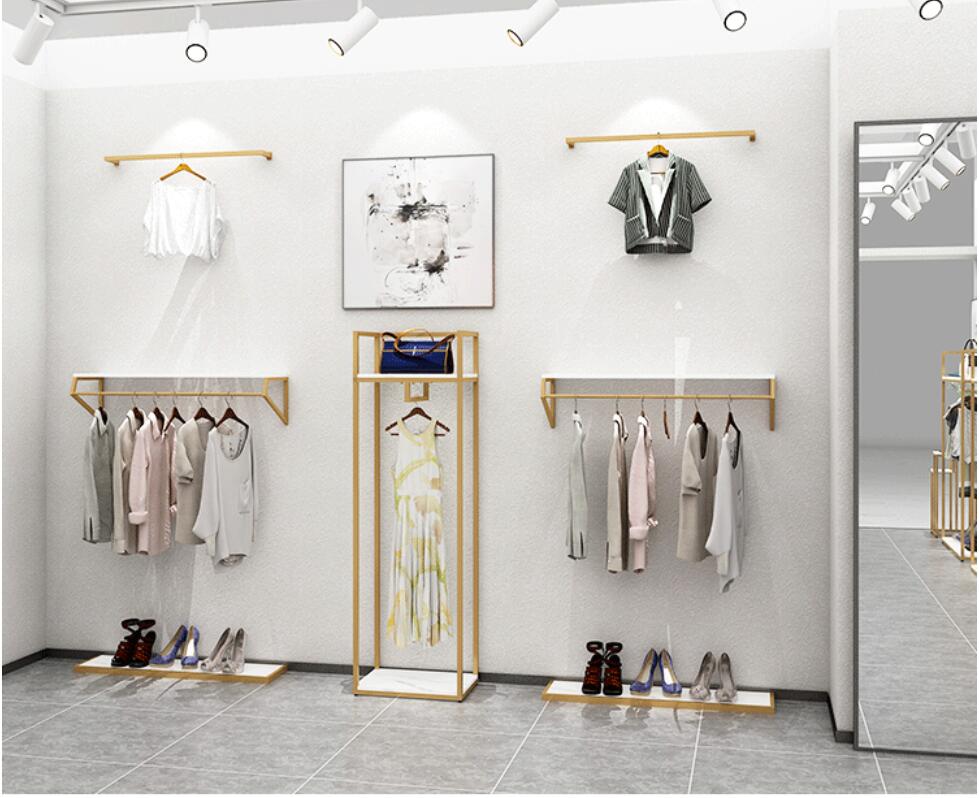 Clothes hanger display rack in clothing store Commercial Furniture golden wall racks floor type side hanging simple women's shelf double-layer cl