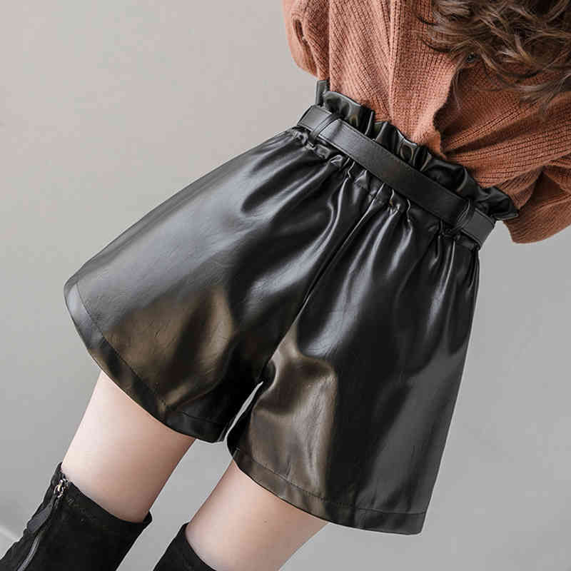 Fashion PU Leather Shorts Women High Waist with Waistband Autumn and Winter Streetwear Solid Wide Leg 11091 210506