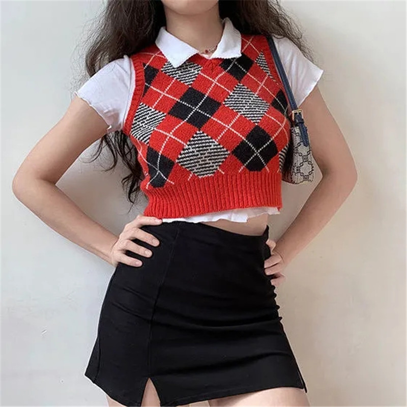 Vintage Plaid Sweater Vest Women V-Neck Slim Short Sleeveless Casual Preppy Pullovers Knitted Female Tank Tops Students 210421