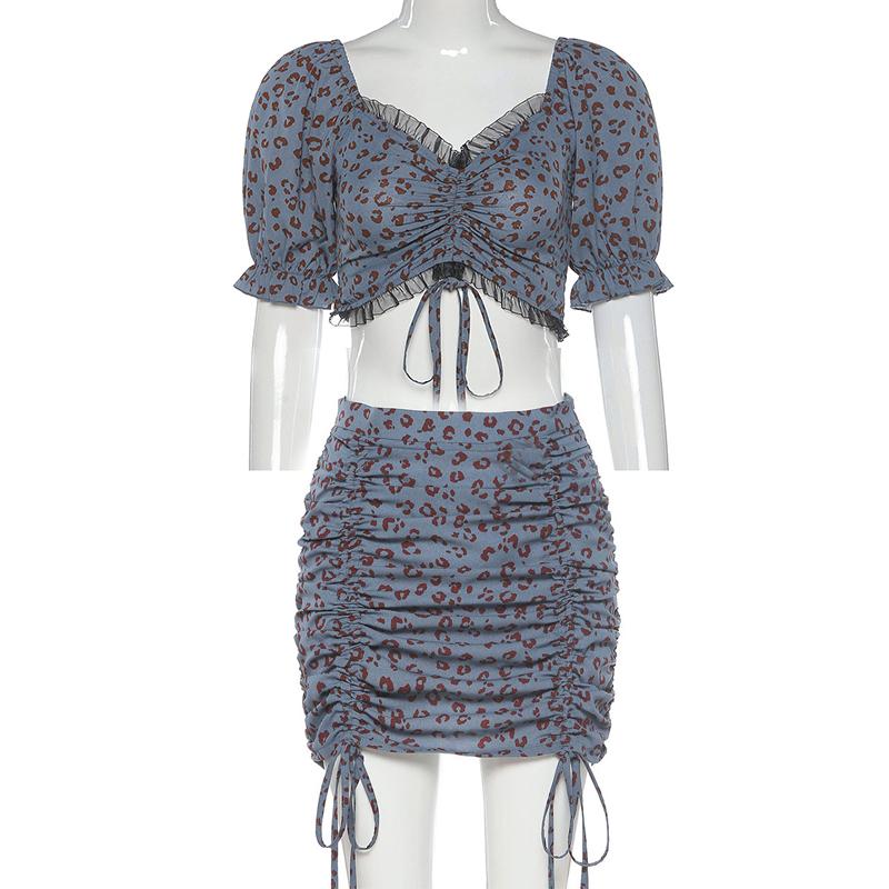 Two Piece Set Women Summer Outfits Bandage Mesh Short Sleeve Crop Top Leopard Blue And Skirt Club 2 Matching Sets Trendy Dress