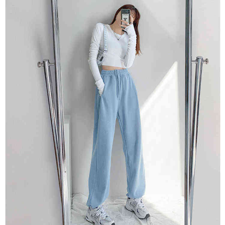 Loose women spring and autumn high-waist harem trousers padded pants pink blue solid stacked sweatpants cotton Straight 211112