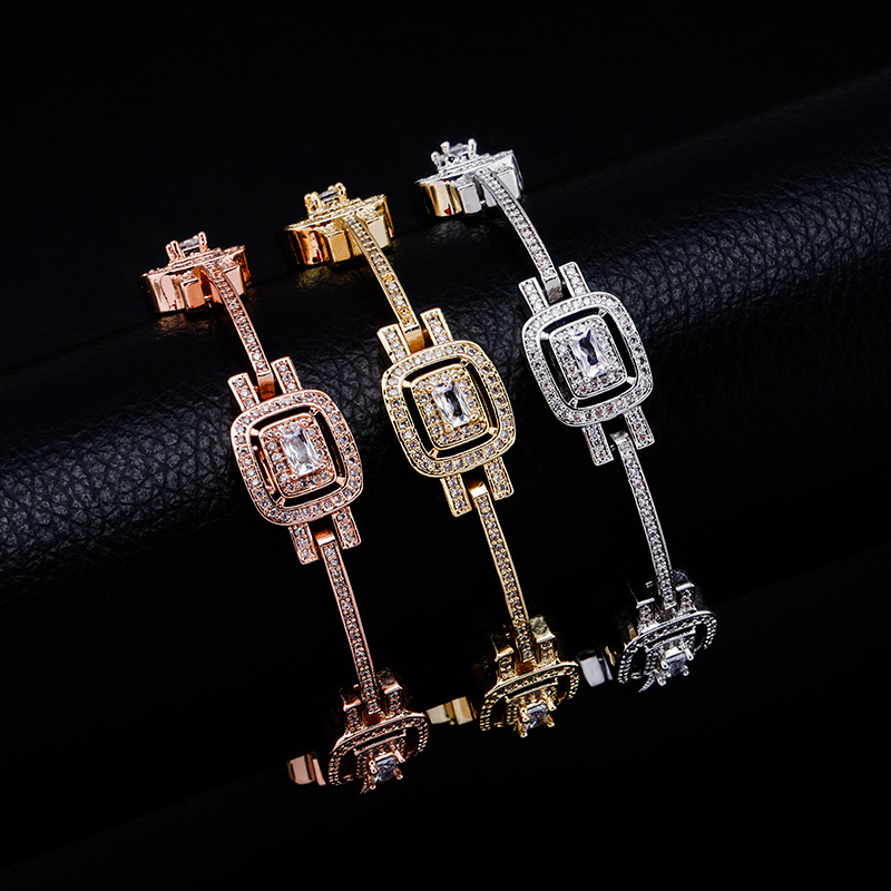 Cubic Zirconia Tennis Chain Bangle Bracelets Clustered CZ Stone Charms Hip Hop Bling Ice Out Geometric Wristband for Men Women Rapper Punk Party Wolf 