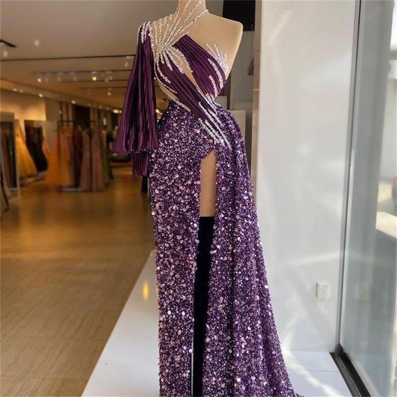 2021 Arabic Aso Ebi Purple Sequined Prom Dresses Beaded High Split Evening Formal Party Second Reception Gowns vestido de novia