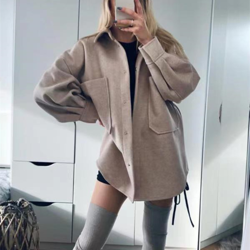 Casual Woman Camel Loose Pocket Woolen Shirt Fashion Ladies Autumn Long Sleeve Thick Blouse Coat Female Outwear 210515