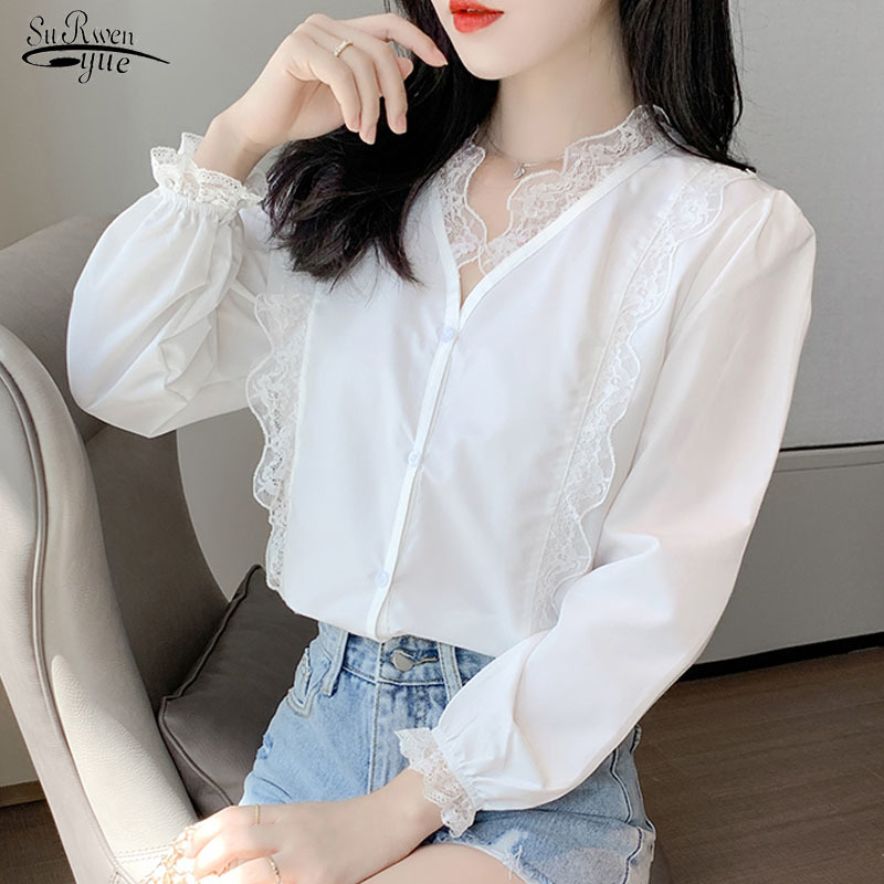 Autumn Lace Shirt Women White V-neck Woman' Blouses Long Sleeve Single-Breasted Fashion Top Feminine blusas 10845 210521
Autumn Lace Shirt Women White V-neck Woman' Blouses Long Sleeve Single-Breasted Fashion Top Feminine blusas 10845 210521