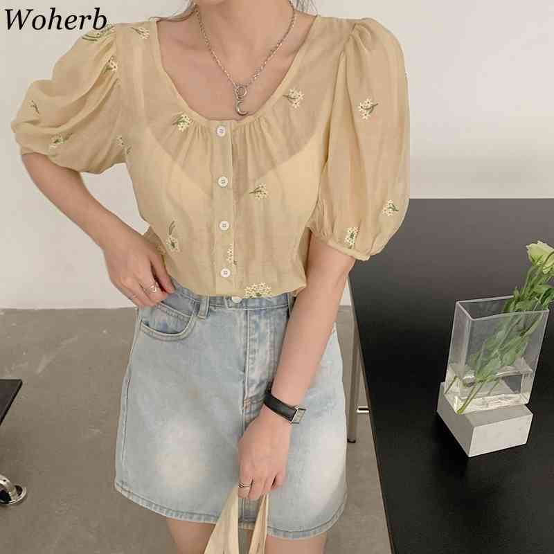 Korean Blouse Women Summer Embroidery Floral Hollow Out Shirt Puff Sleeve See Through Chic Elegant White Top 210519