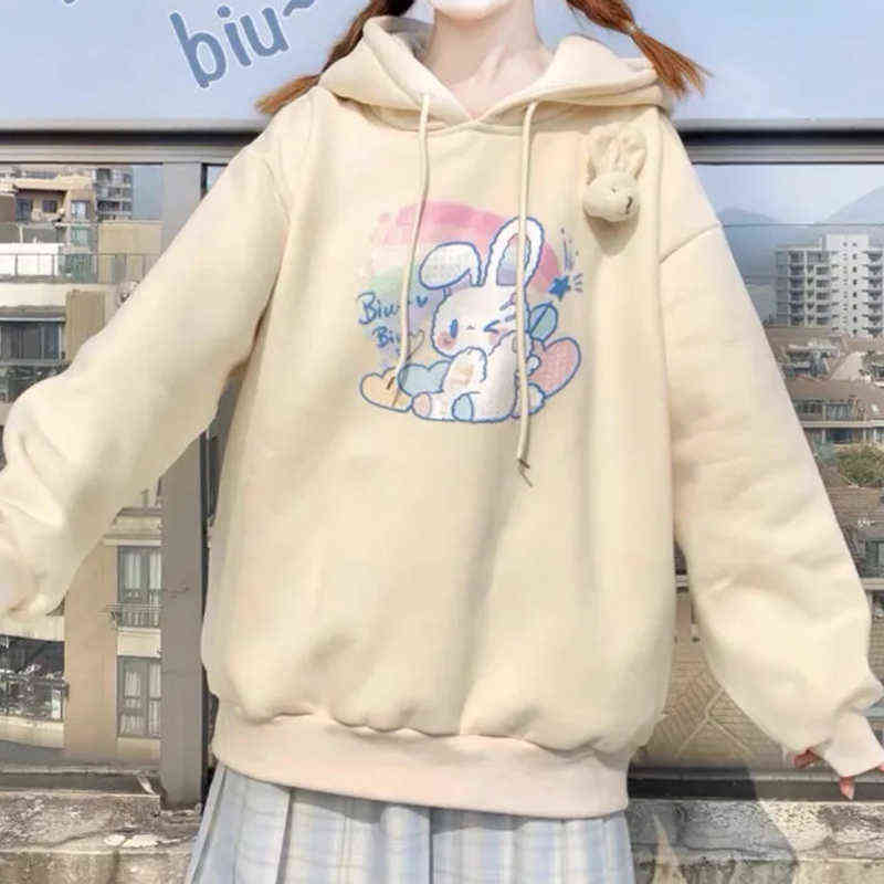 HOUZHOU Kawaii Anime Hoodie Autumn Fashion Rabbit Print Women Hoodies Cute Long Sleeve Loose Oversized Pullover Women 211104wtt