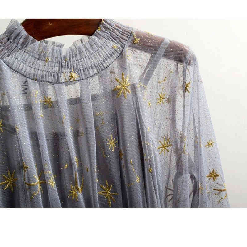 Gray Beige Navy Star Moon Embroidery Dress Women Mesh Puff Sleeve Long Stand Collar Midi Elegant Party 12992 210508