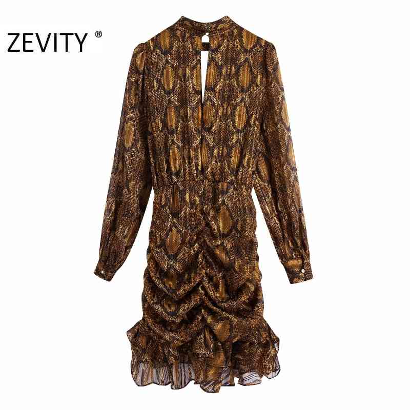 Zevity New Women Sexy Stand Collar Snake Skin Print Hem Ruffles Pleated Mini Dress Female Front Hole Long Sleeve Vestido DS4625 210409
