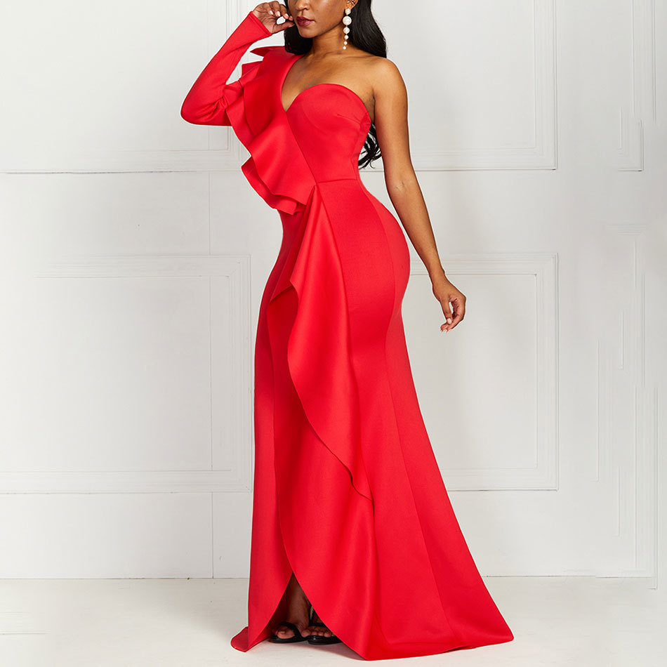 Free Elegant Party Dress Sexy Evening Women Long es One Shoulder Bodycon Split Female Ruffles Maxi Red 210524