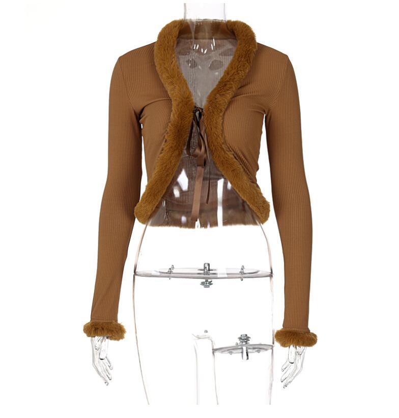 Women's Down & Parkas European And American Style Autumn Pure Color Plush Stitching Lace Cardigan Long-sleeved Top