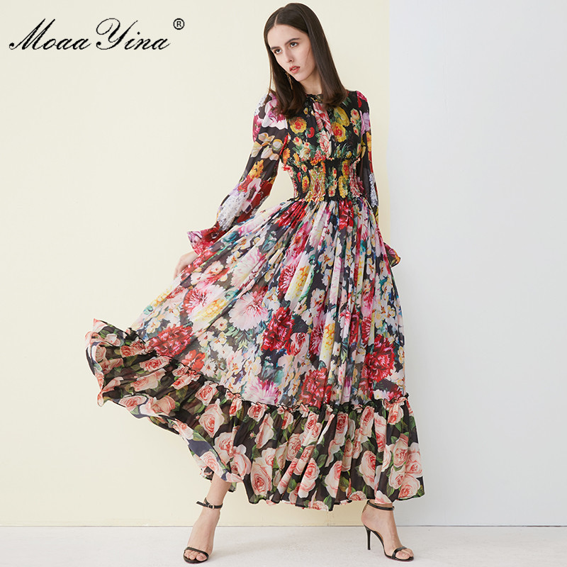 High Quality Women's Summer Beach Chiffon Ruffled collar Dress Elegant Elasticity Waist Print Runway Maxi Long 210524