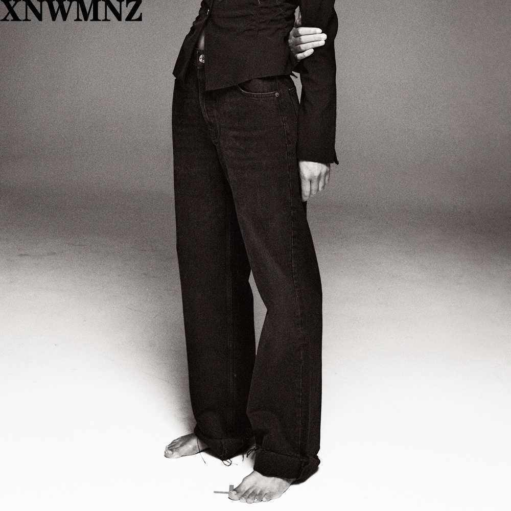 XNWMNZ Za women Fashion hi-rise wide-leg full length jeans Vintage faded seamless hems High Waist Zipper button Denim Female 210809