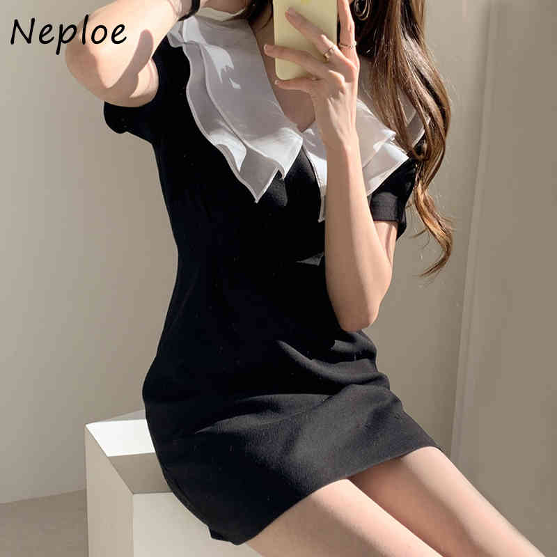 Hit Color Peter Pan Collar Short Sleeve Dress Women High Waist Hip A Line Vestidos Summer Slim Robe All Match 210422