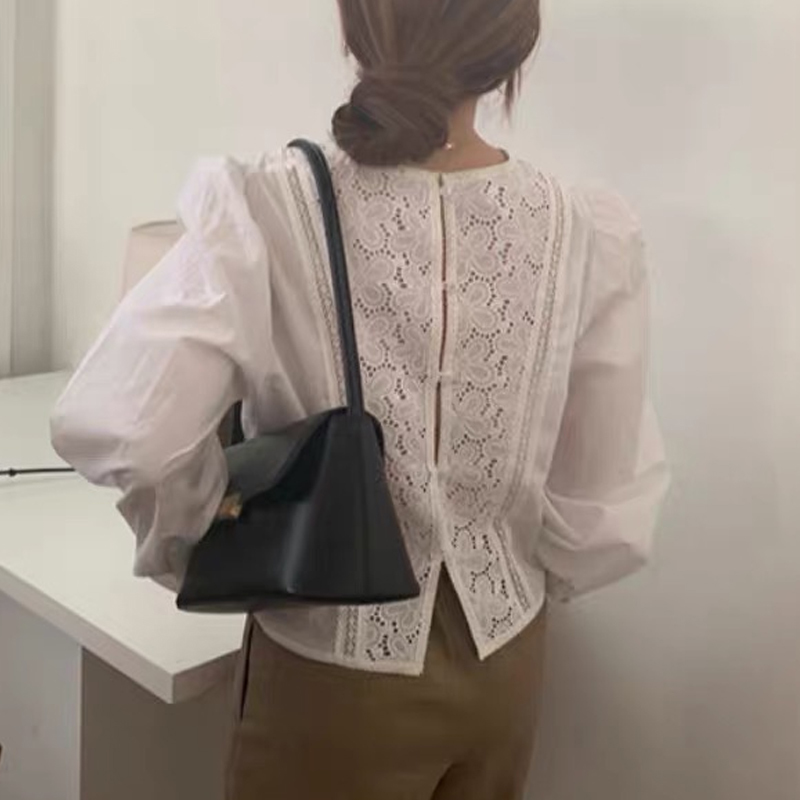 Fashion Hollow Out Lantern Sleeve Female Shirt Office O Neck Floral Women Blouse Spring White Shirts Clothing 13271 210508