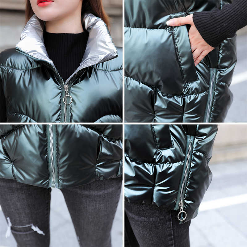 Women's Shiny Autumn Winter Puffer Vest Solid Casual Ladies Sleeveless Jacket Zipper Stand Collar Waistcoat for Female 210819
