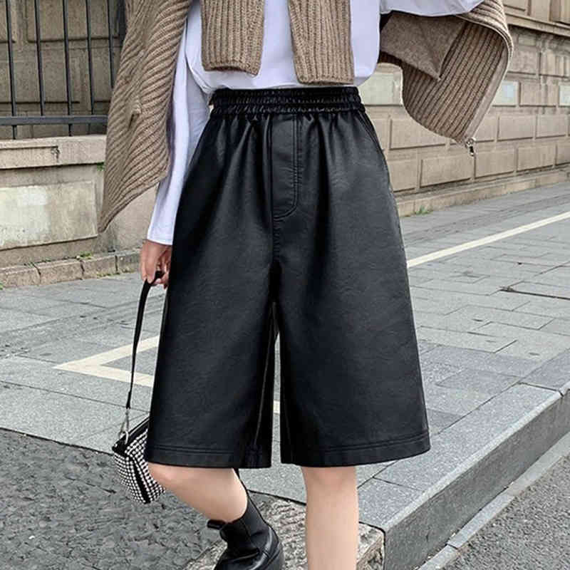 Fashion PU Leather High Waist Autumn Winter Short Pants Women Pockets Loose Wide Leg Black Shorts Mujer 12238 210415