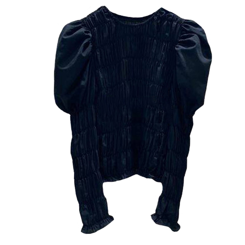 Nomikuma Korean Pleated Stretch Slim Women Blouse Top Vintage Puff Long Sleeve O-neck Shirt Autumn New Blusas Mujer 6C595 210427