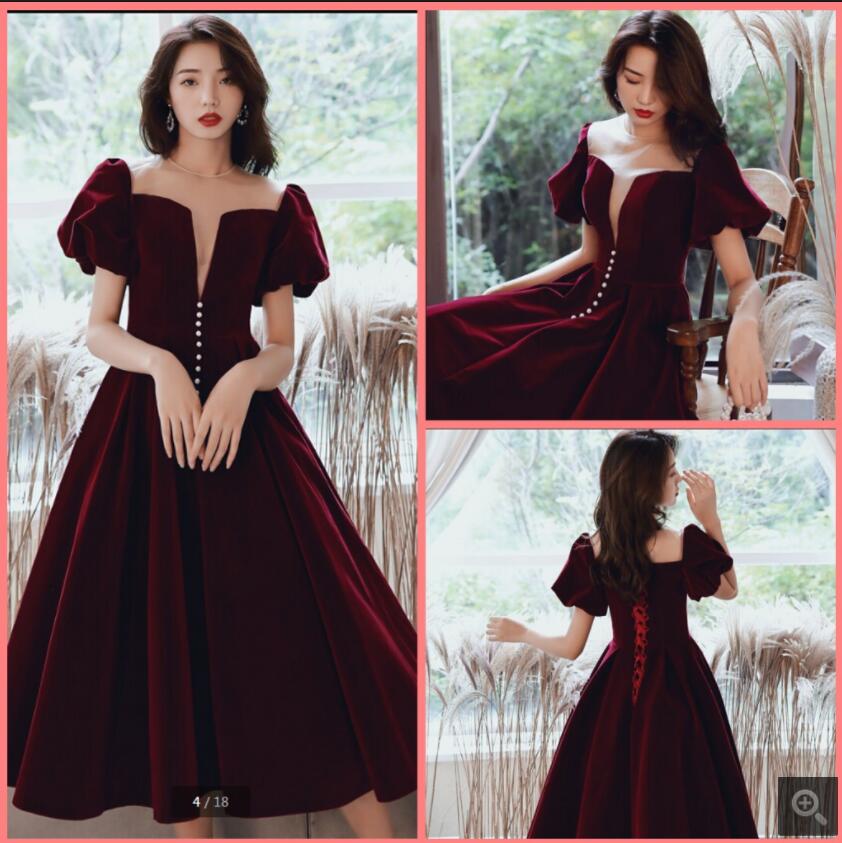2021 robe de soiree burgundy velvet short tea length prom dresses scoop neckline with sleeve simple corset party gowns informal petite modest cocktail dress, Green
2021 robe de soiree burgundy velvet short tea length prom dresses scoop neckline with sleeve simple corset party gowns informal petite modest cocktail dress, Green