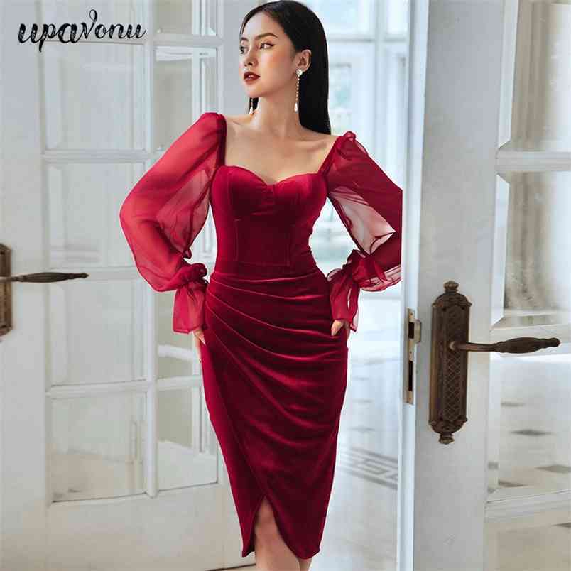 Free Spring Women's Burgundy Velvet Dress Sexy Lantern Sleeve Bodycon Draped Club Party Midi Vestidos 210524