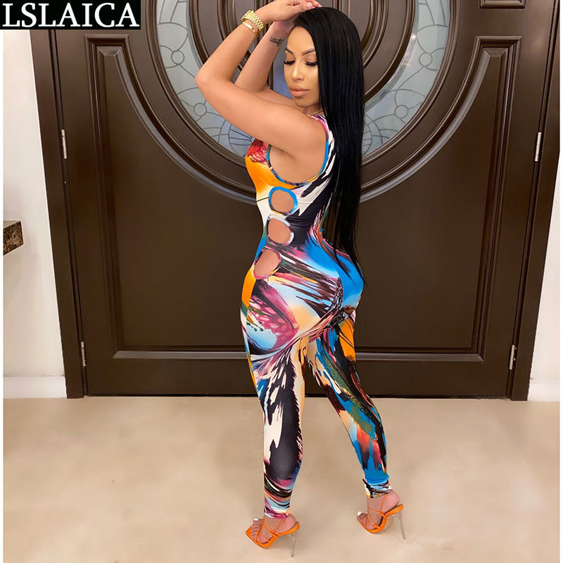 Jumpsuit For Women Sleeveless Side Hollow Out Sexy Tie Dye Plus Size Elegance Fashion Fitness Bodycon Bodysuit 210520