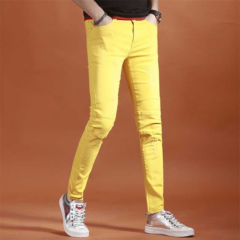 Yellow Jeans Men Fashion Slim Fit Straight Pants Summer Streetwear Thin Ripped Patch Denim Trousers 211111
