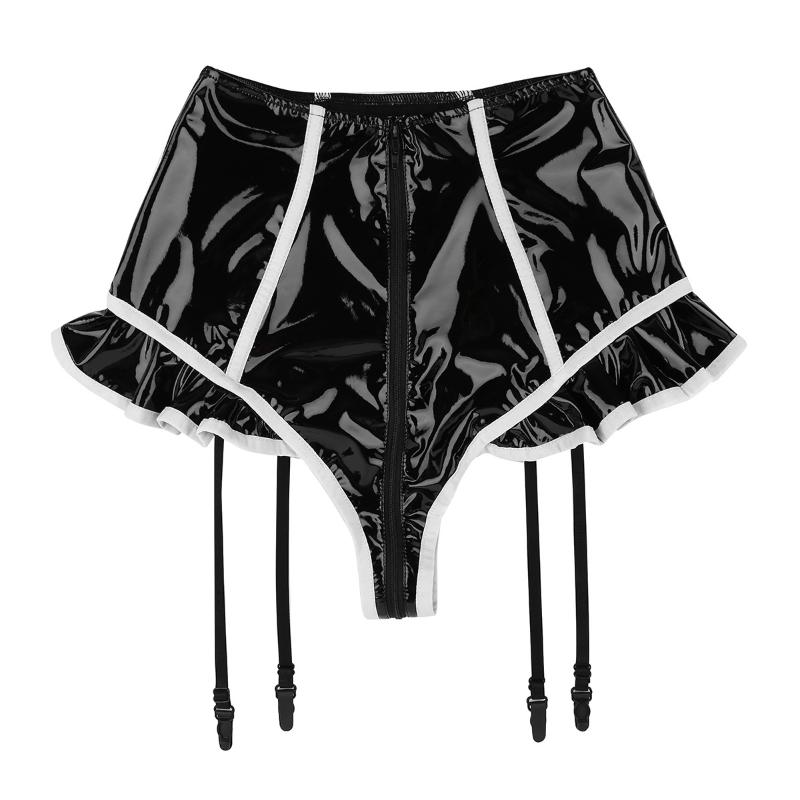 Women Lingerie Sissy Latex Panties Sexy Wet Look Faux Leather Underwear Zipper Open Crotch High Waist Shorts Clubwear Women's