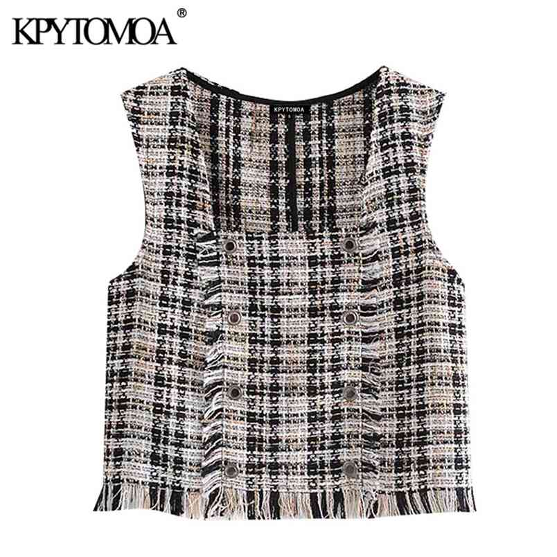 Women Fashion With Frayed Trim Tweed Check Waistcoat Square Collar Sleeveless Female Vest Coat Chic Tops 210420