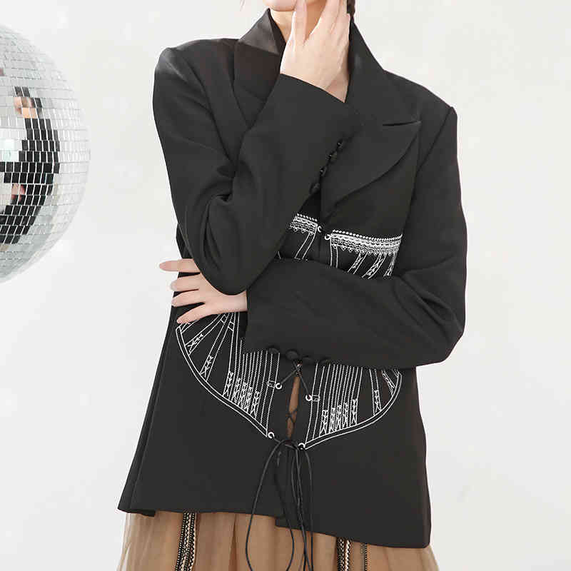 [EAM] Women Black Bandage Shaped Blazer Lapel Long Sleeve Loose Fit Jacket Fashion Spring Autumn 1DC4090 210512