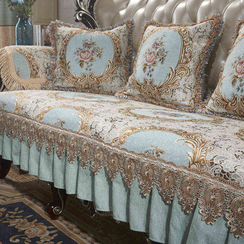 Retro Chenille Lace Sofa 1 2 3 Seater ral Leather Couch Slipcover Protector Armrest Chair Cover Anti-slip European 211102