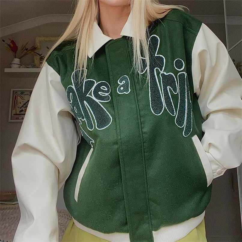 Bomber Jacket Women Green Contrast Sleeve PU Leather Coat Outerwear TAKE A TRIP Letter Applique Female Autumn Baseball Jackets 211109, White
Bomber Jacket Women Green Contrast Sleeve PU Leather Coat Outerwear TAKE A TRIP Letter Applique Female Autumn Baseball Jackets 211109, White