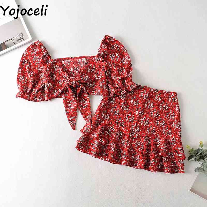 Yojoceli Sexy bow ruffle short dress women two piece set Summer elegant floral print beach dress Casual daily dress vestidos 210331