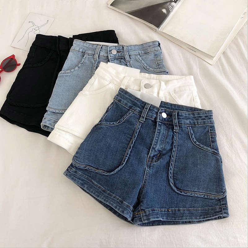 Pockets Denim Shorts Women Casual Summer Vintage Black White High Waist Wide Leg Sexy Jeans Beach Pants C6238 Women's